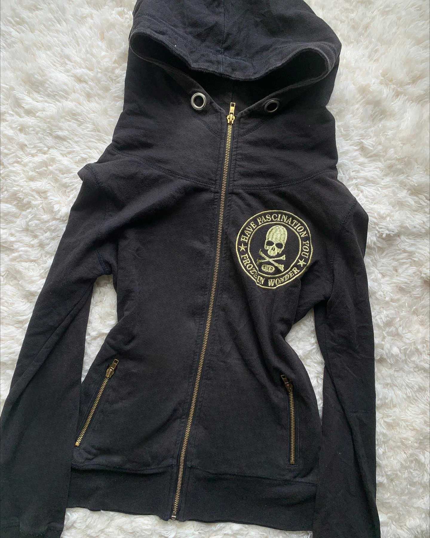 Y2K Retro Zipper Hoodies Women Harajuku Sexy Slim Fit Sweatshirt Autumn Skull Graphic Embroidery Hooded Jacket Gothic Clothing W250903