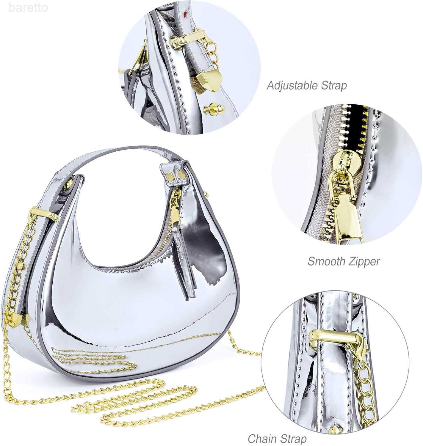 Cute Metallic Purses for Women Stylish Crescent Shoulder Bag Small Gold Crossbody Purse Patent Underarm Moon Bag M250903