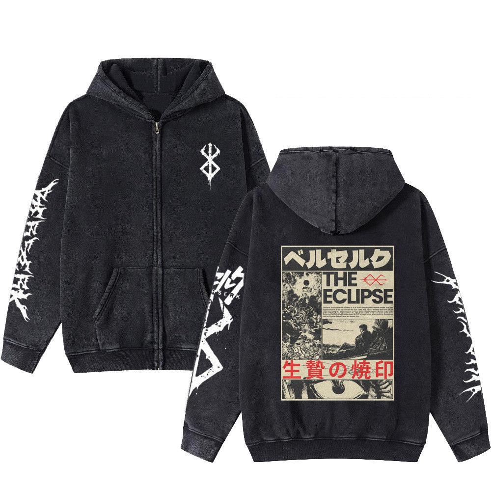 Berserk Anime American Retro Washed Zipper Hoodie Unisex Hip-Hop Dark Print Hoodie - VT2966