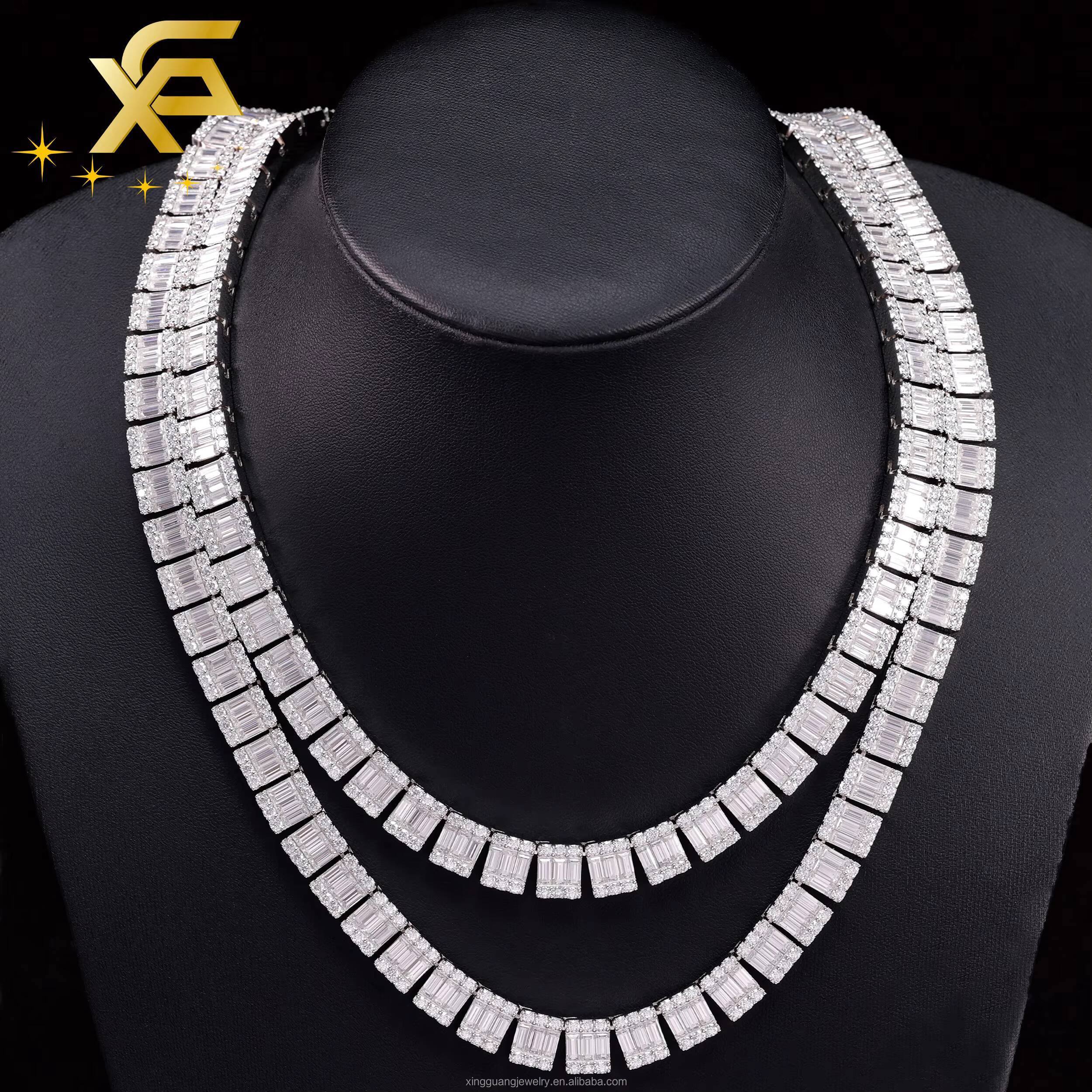 Unisex Baguette 925 Sterling Silver HipHop 8MM 10MM DVVS Moissanite Chain Gold Plated Polished Silver Cuban Link Chain Necklace