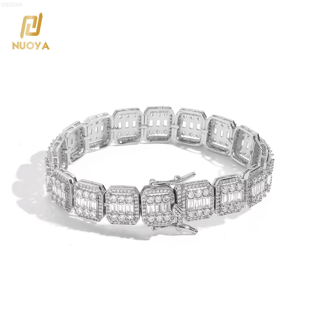 Nuoya 13mm Iced Out Tennis Bracelet Micro Pave Bling Baguette Moissanite Cluster Chain Hip Hop Jewelry For Women