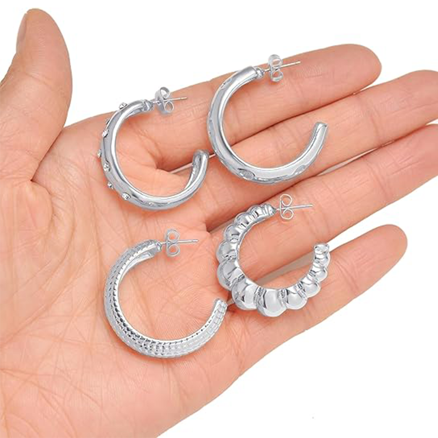 5 Pairs Chunky Hoops Earrings Thick Open Hoop Lightweight Hollow Earrings for Women Trendy Jewelry Silver Tone