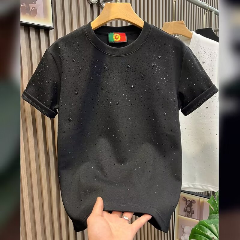 Mens Designer T Shirts 2025 Starry Rhinestones Y2K Retro Summer Casual Short-Sleeve T-Shirt Loose Streetwear top
