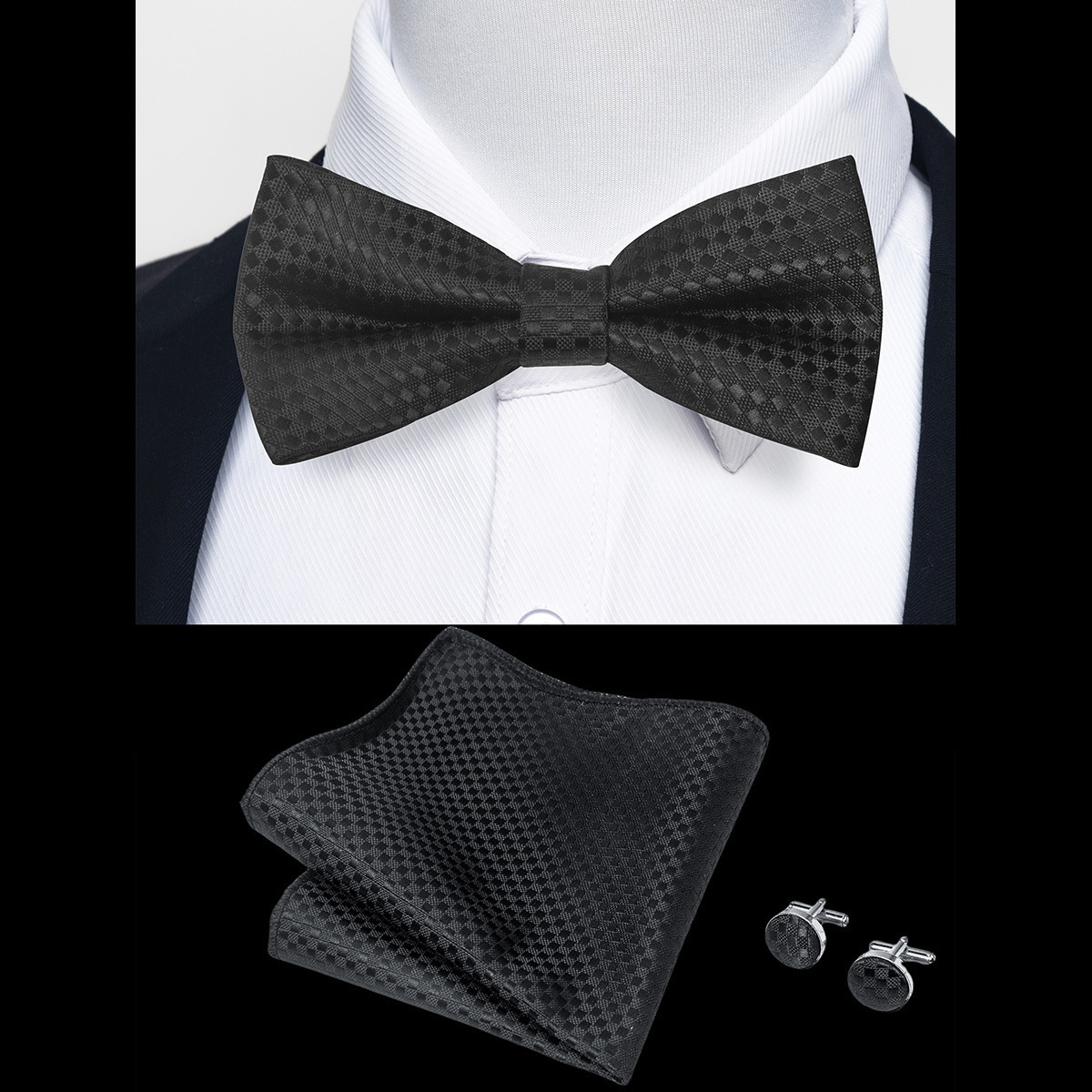 Hi-Tie Classic Black Bow Ties for Men 100% Silk Pre-Tied Bow Tie Pocket SqUAre Cufflinks Suit Set Floral Gold Bowties 220506