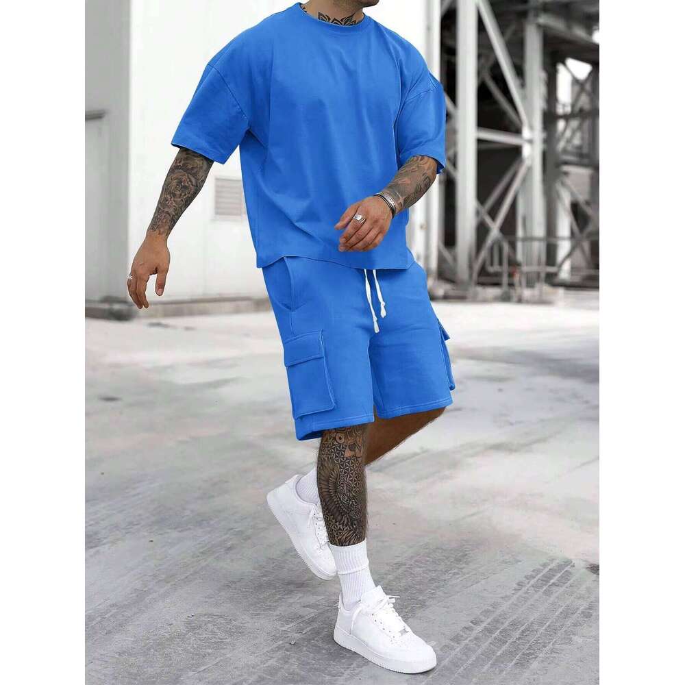 Clothing Round Neck Short Sleeve T-shirt Drawstring Pocket Shorts Set Men's Sportswear