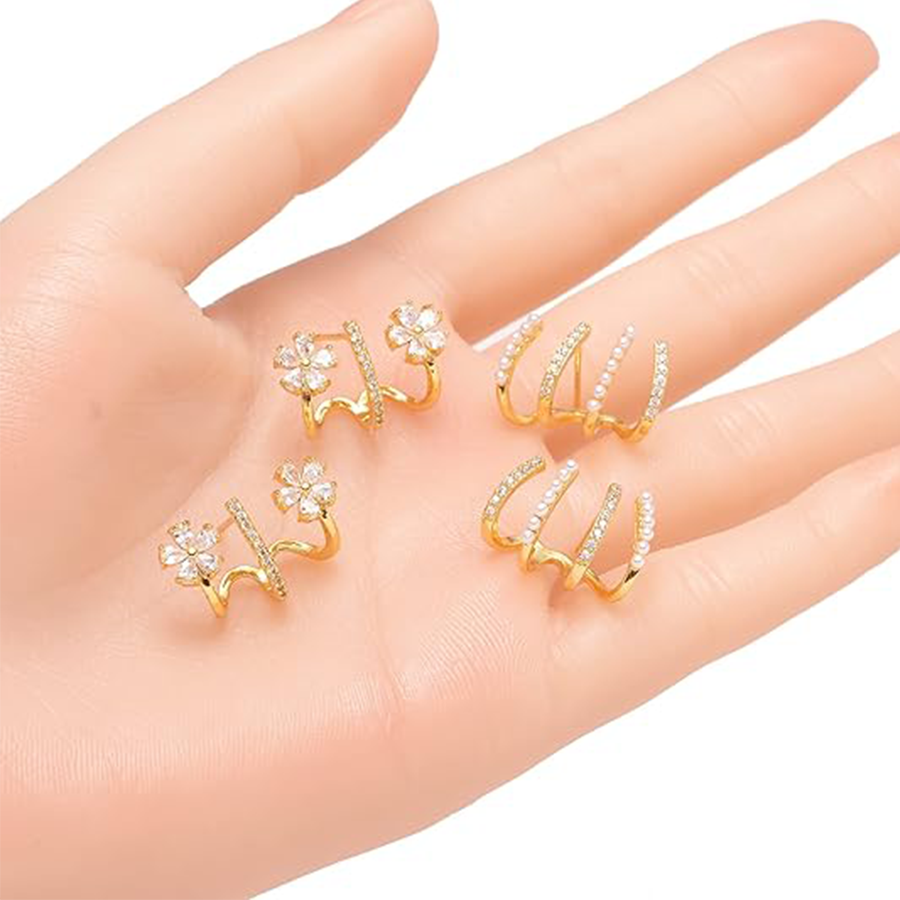 4 Pairs Claw Ear Cuffs Zircon Pierced Needle Stud Earrings Minimalist Ear Wrap Butterfly Pearl Piercing Claw Earrings for Women Gold Tone