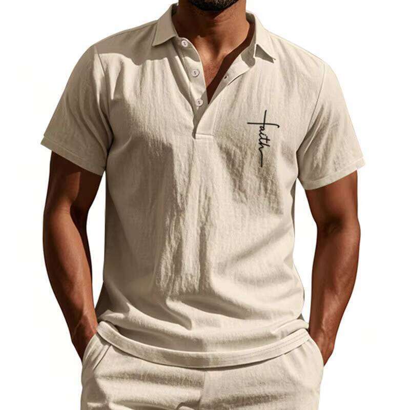 Men's Summer Comfortable Casual Short Sleeve Polo Shirt Breathable Knitted Fabric Turn-down Collar Button Printed Design