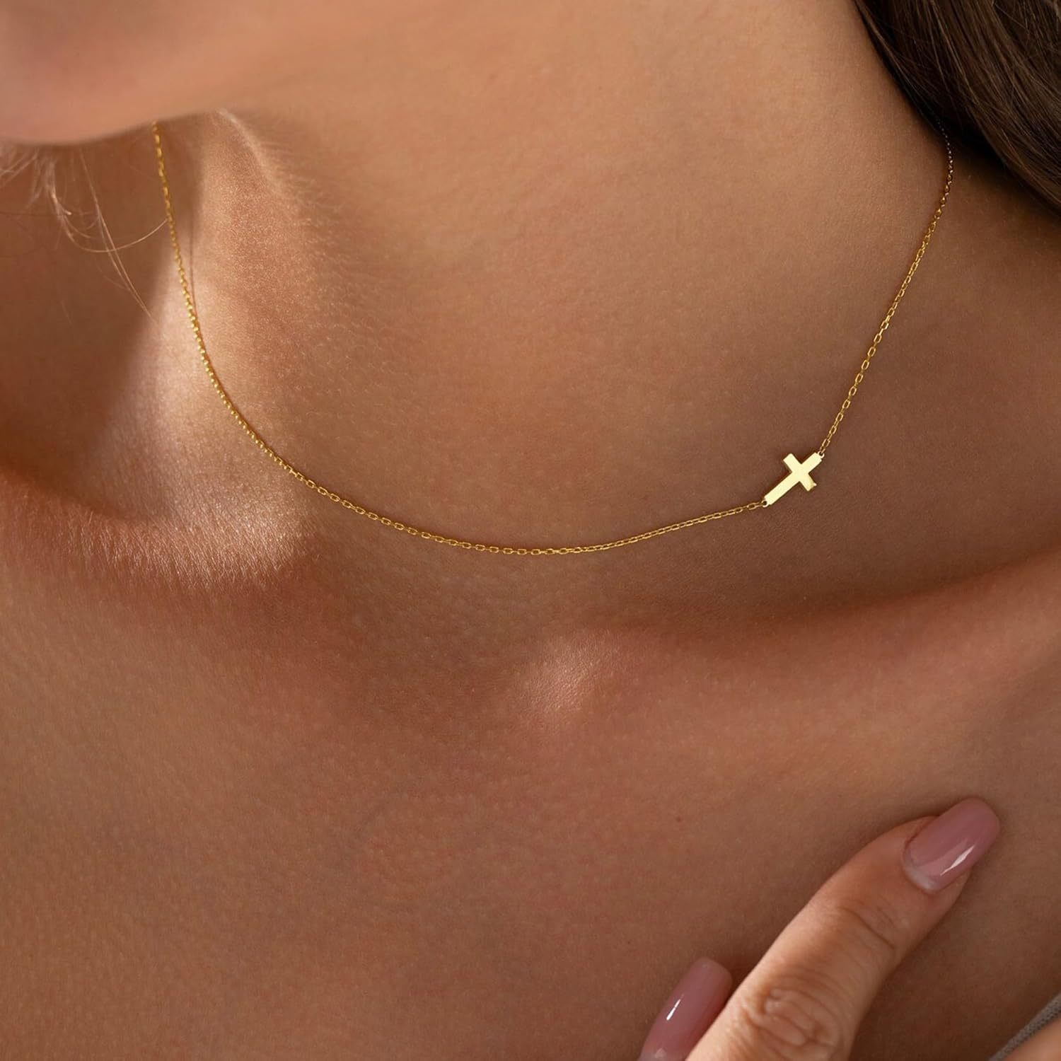 New European and American style Y shaped Cross Copper Necklaces for Women Sideways Cross with Zircon Simple and Versatile Collarbone Jewelry