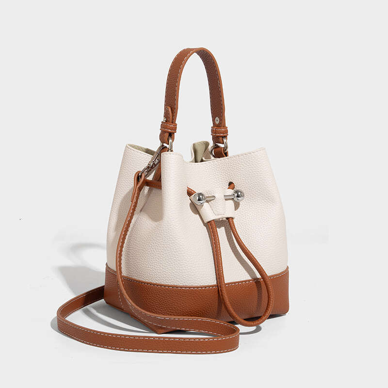 2025 Spring European Retro Women's Bucket Bag Fashion Crossbody Drawstring Patchwork Canvas Handheld Bag Brown Apricot Pink Beige Black