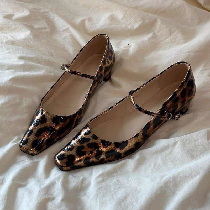 New Autumn Square Toe Designer Shoe Leopard Print One-Strap Mary Jane for Women with Chunky Heels Designer Shoe Genuine Korean Style Small Leather Sho