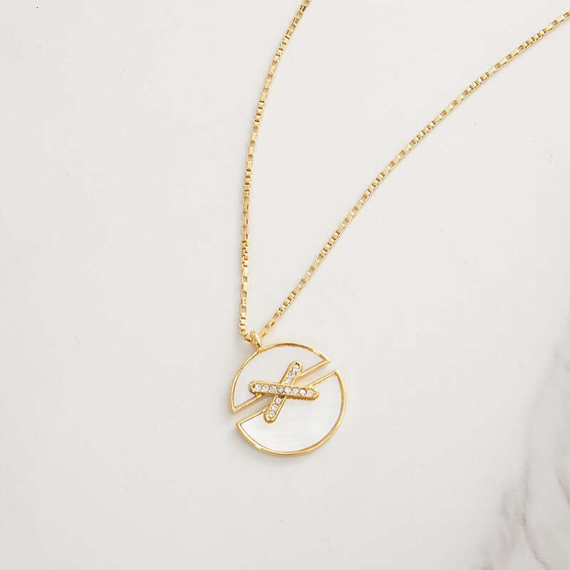 DHpet 2025 New White Mother of Pearl Collar Necklace - 18K Gold Plated, Zircon Inlay, Round Cross Design, Bamboo Chain, Lvyuan Brand for Women