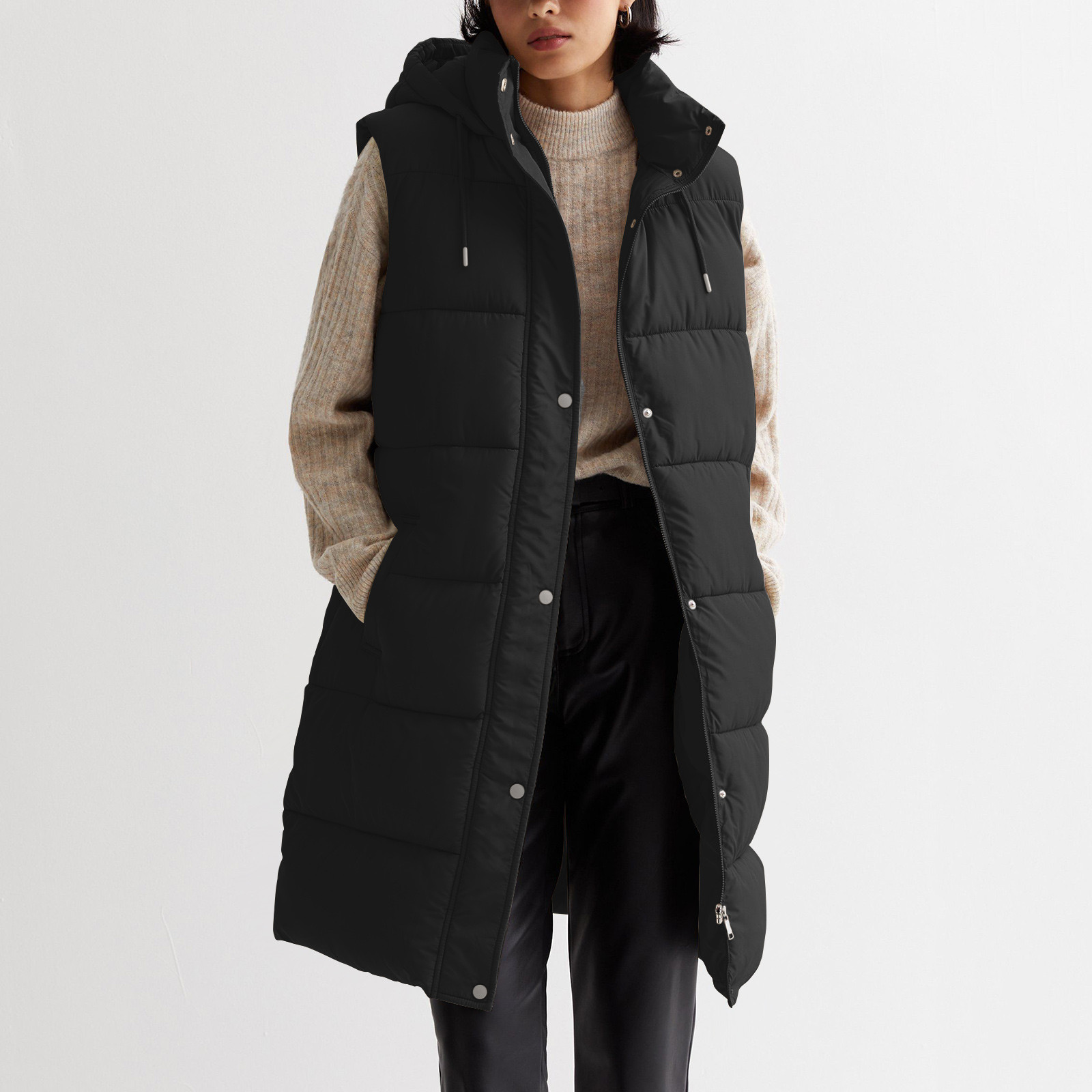 Womens Long Vest Winter Jacket Zip Up Stand Neck Sleeveless Padded Warm Tanks Outwears Ladies Solid Color Hooded Parkas