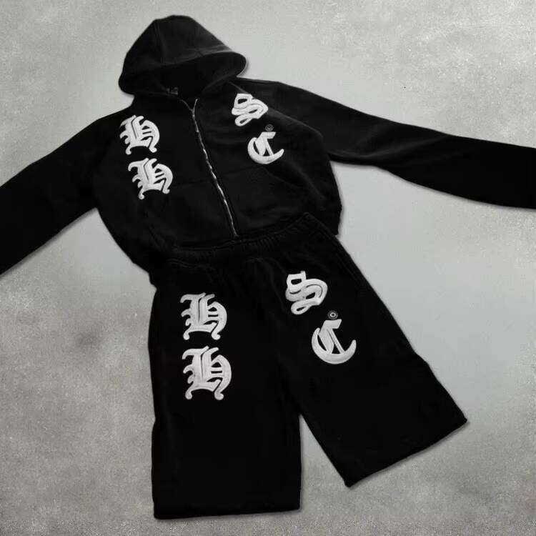 Men's Streetwear Oversized Sportswear Gothic Embroidered Zipper Hoodie & Loose Sweatpants Shorts Set