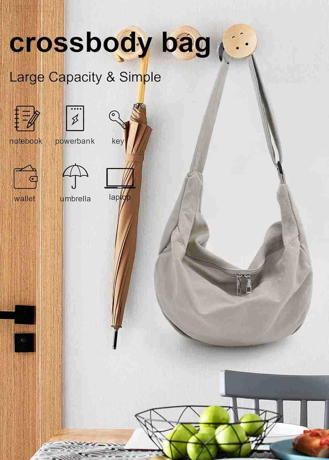 Canvas Tote Bag Hobo Crossbody Bag Fashion Crescent Bag with Zipper Pockets for Shopping Travel for Women and Men Black M250903