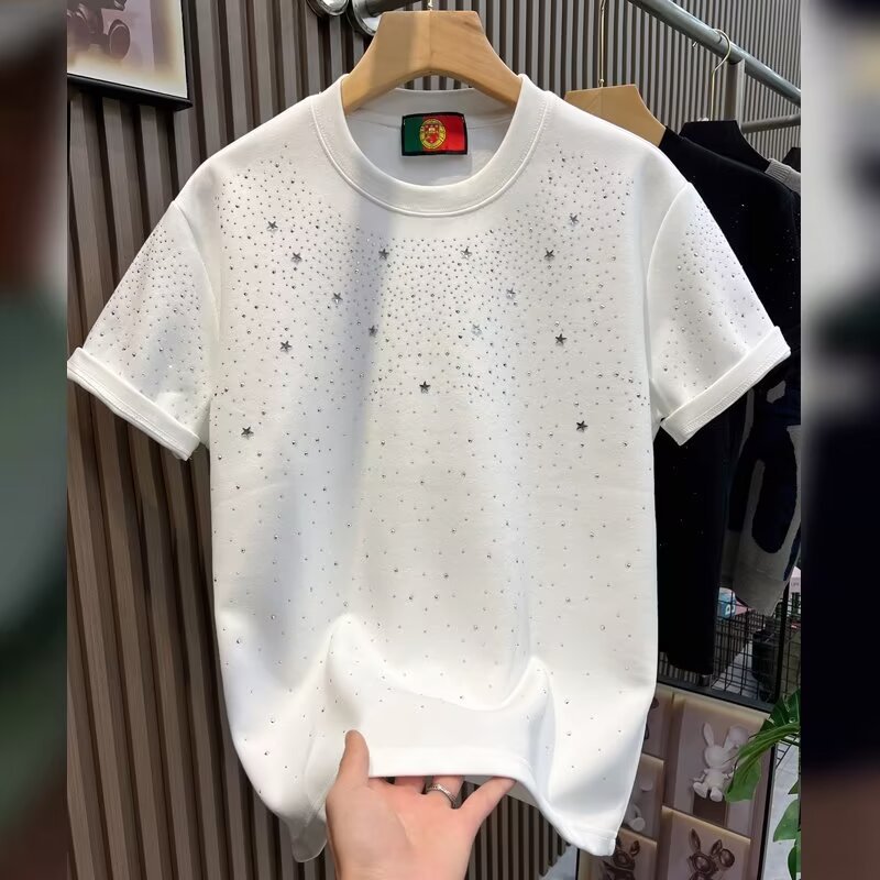 Mens Designer T Shirts 2025 Starry Rhinestones Y2K Retro Summer Casual Short-Sleeve T-Shirt Loose Streetwear top