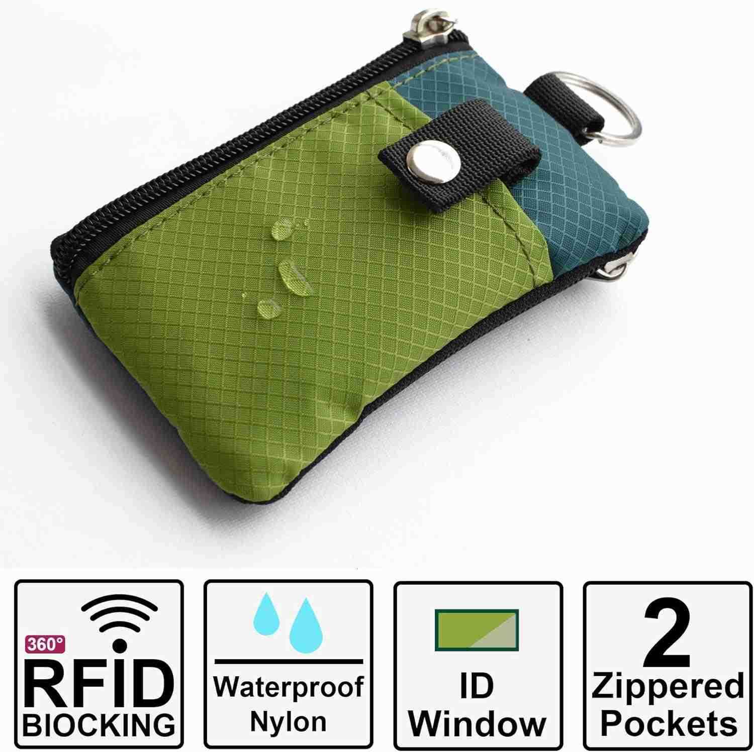 Minimalist RFID Blocking Small Wallet with ID WindowWaterResistant Zip Id Case Wallet with Lanyard Keychain for CardsCashTravelWomenMen GreenOnionDar 