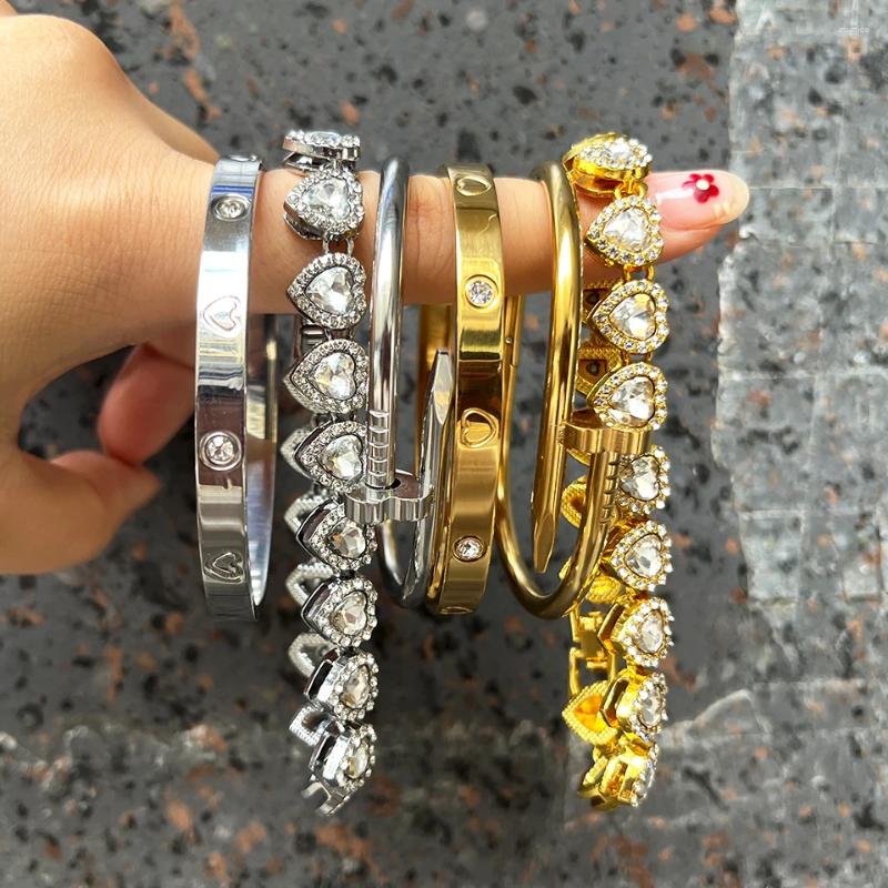 Bangle ZAKOL 3Pcs/Set Shiny Heart-shaped Rhinestone Stainless Steel Bracelet Hip-hop Rock Fashion Stackable Bangles Jewelry