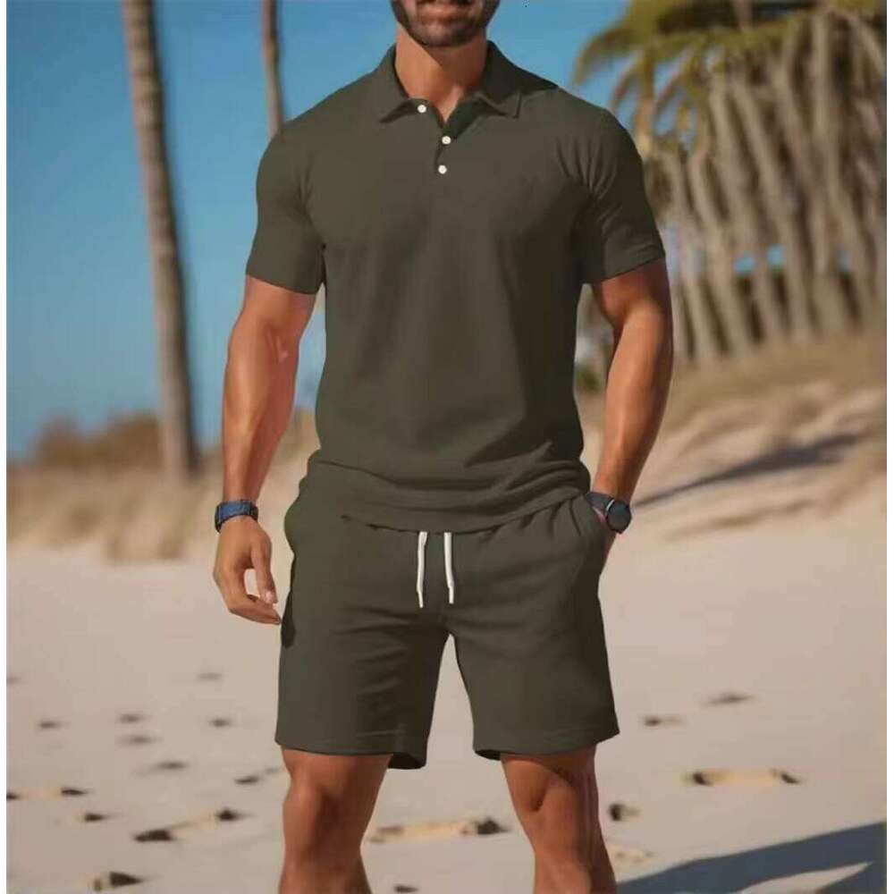 Men's Casual Two-piece Polo Shirt Set Breathable Short Sleeve Turn-down Collar Drawstring Shorts