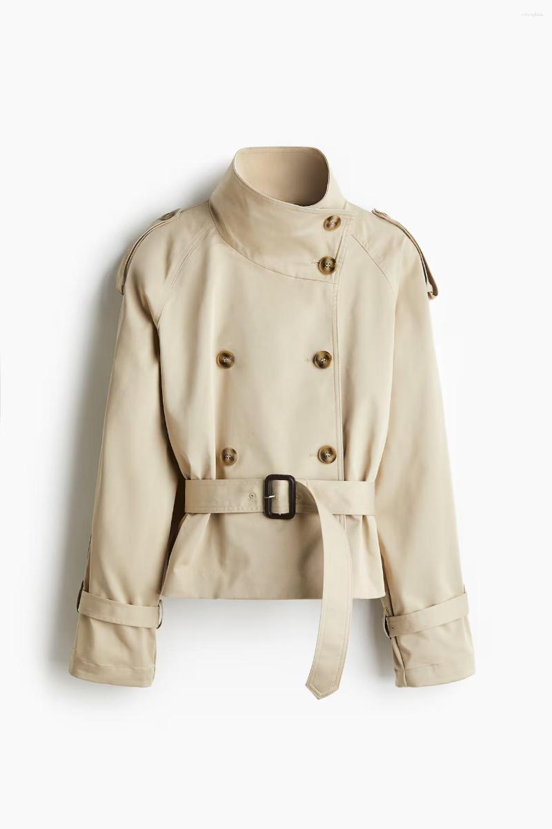 Women Cropped Trench Coat Stand Collar Double Breasted Belte - view 7