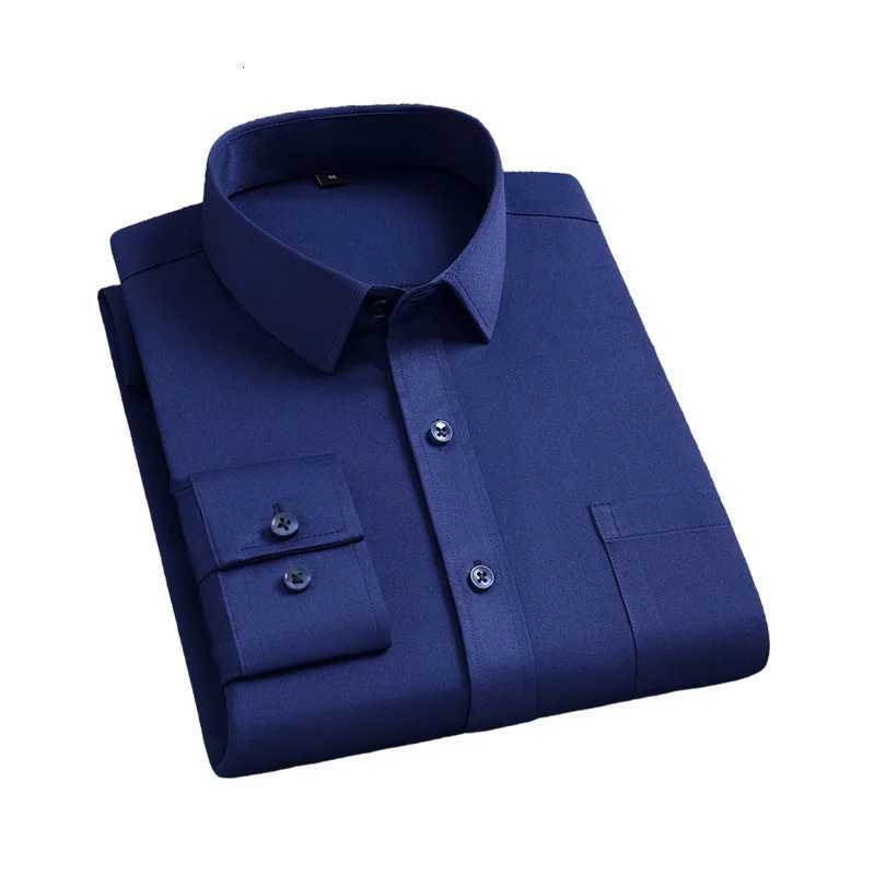 Mens Shirt With Pockets Middleaged Long Sleeve Spring Autumn Casual WrinkleFree FourWay Stretch Business Solid Color Shirt X250903