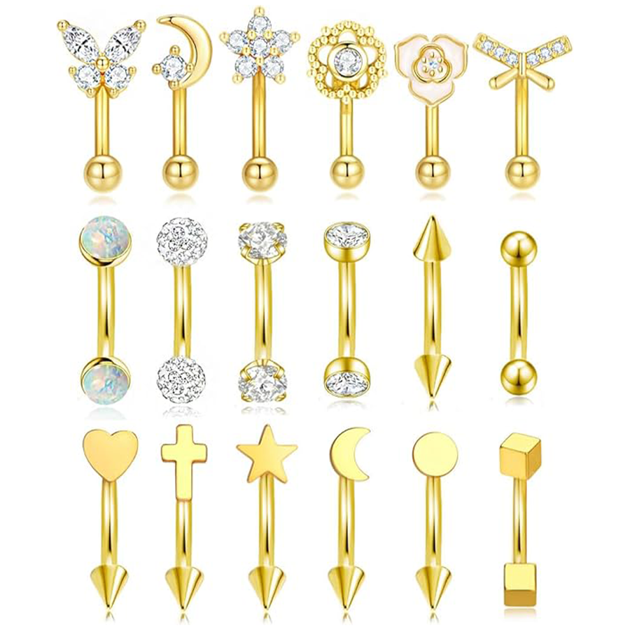 18Pcs Eyebrow Piercing Jewelry 16G Surgical Steel Curved Barbell Eyebrow Rings Butterfly Moon Lip Belly Button Rook Daith Tragus Earrings for Women Me