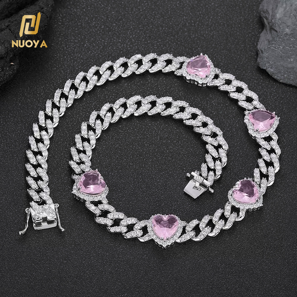 NUOYA 10mm Custom Iced Out Choker Necklace Pink Heart Moissanite Design Silver Cuban Chain Hip Hop Prong Cuban Chain for Women Gift