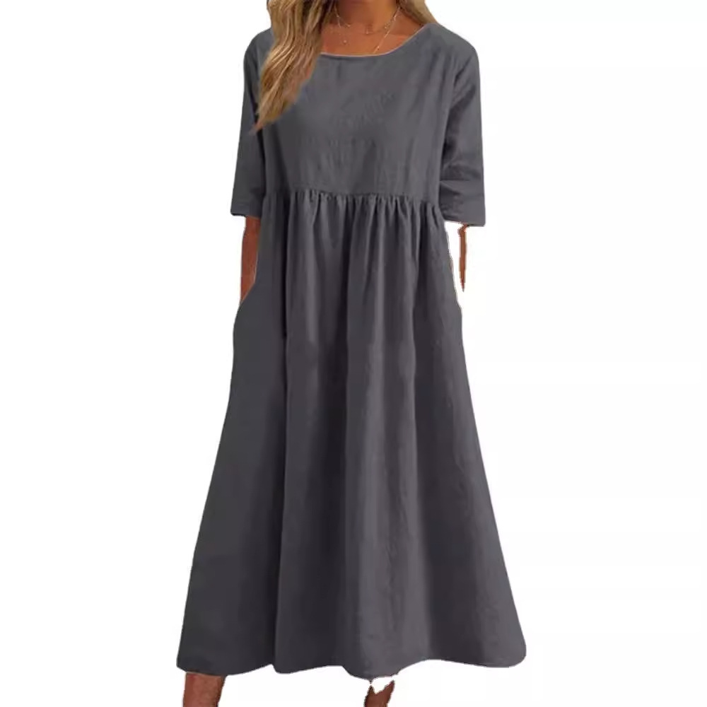 H830New spring and summer round neck 5-point sleeve large size casual loose long solid color cotton and linen dress