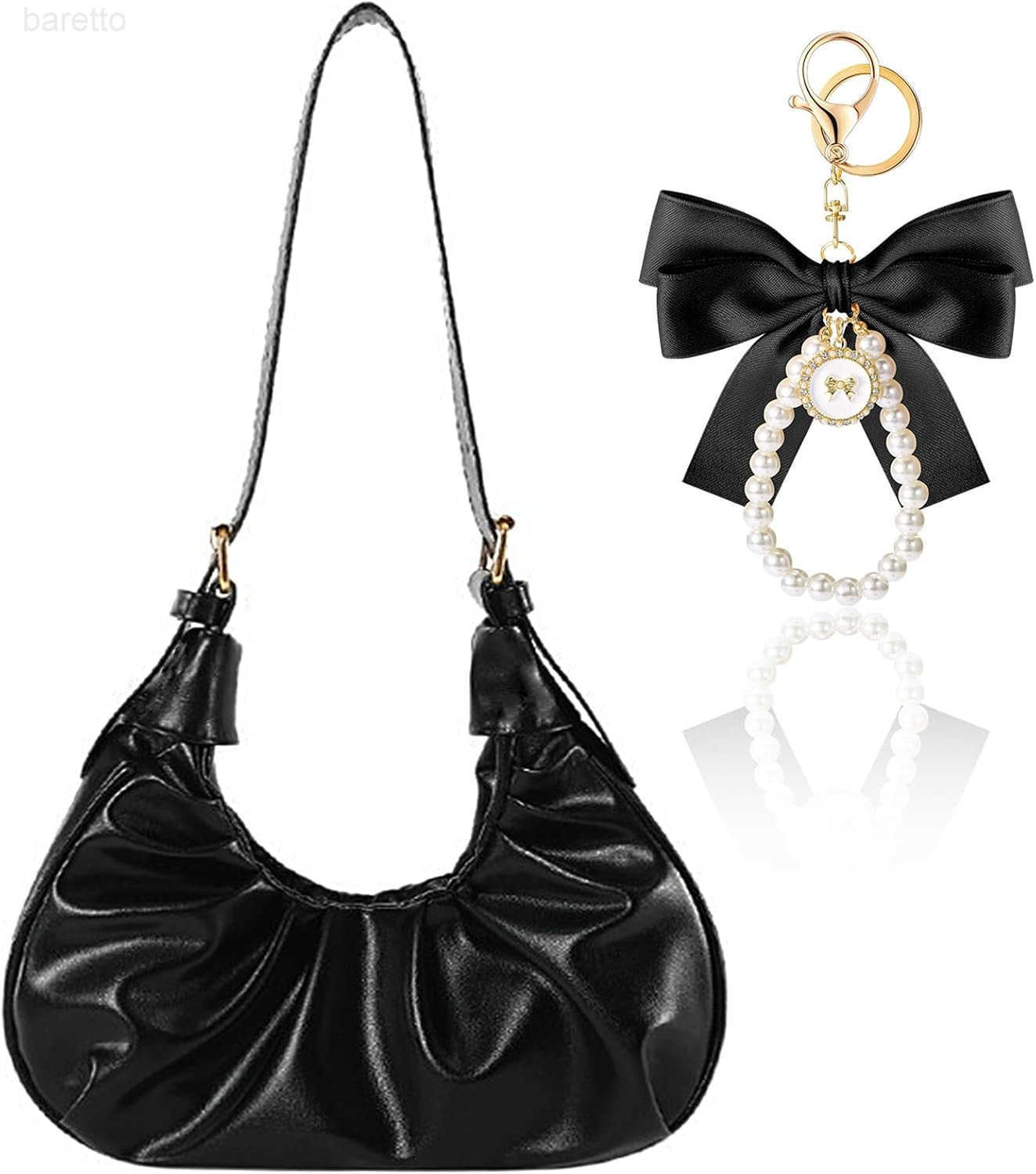 Coquette Ruched Shoulder Bag for Women Cute Leather Clutch Cloud Purse with Bow Charm Crescent Handbag Tote Bag Girl M250903