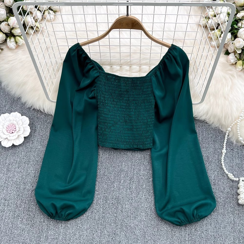 Spring Fashion VNeck Ruched CollarboneExposing Puff Long Sleeve Pullover TShirt for Women Chic and Unique Short Cropped Top 210317