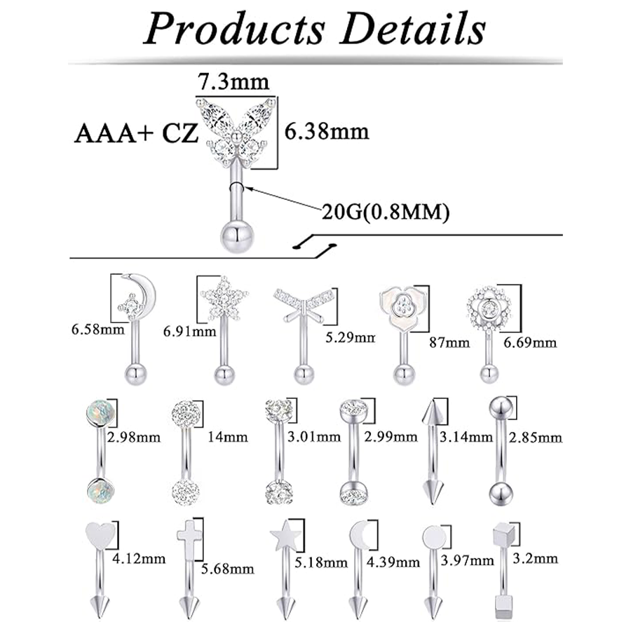 18Pcs Eyebrow Piercing Jewelry 16G Surgical Steel Curved Barbell Eyebrow Rings Butterfly Moon Lip Belly Button Rook Daith Tragus Earrings for Women Me