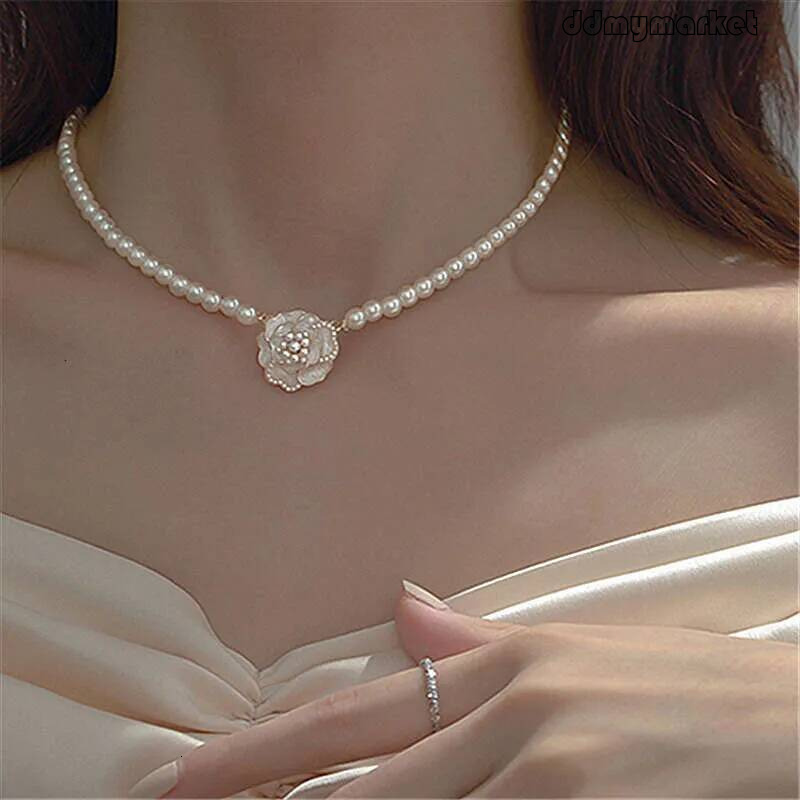 DHcollections Nocturne Niche French Court Elegant Design Camellia Pearl Necklace Choker ddmymarket