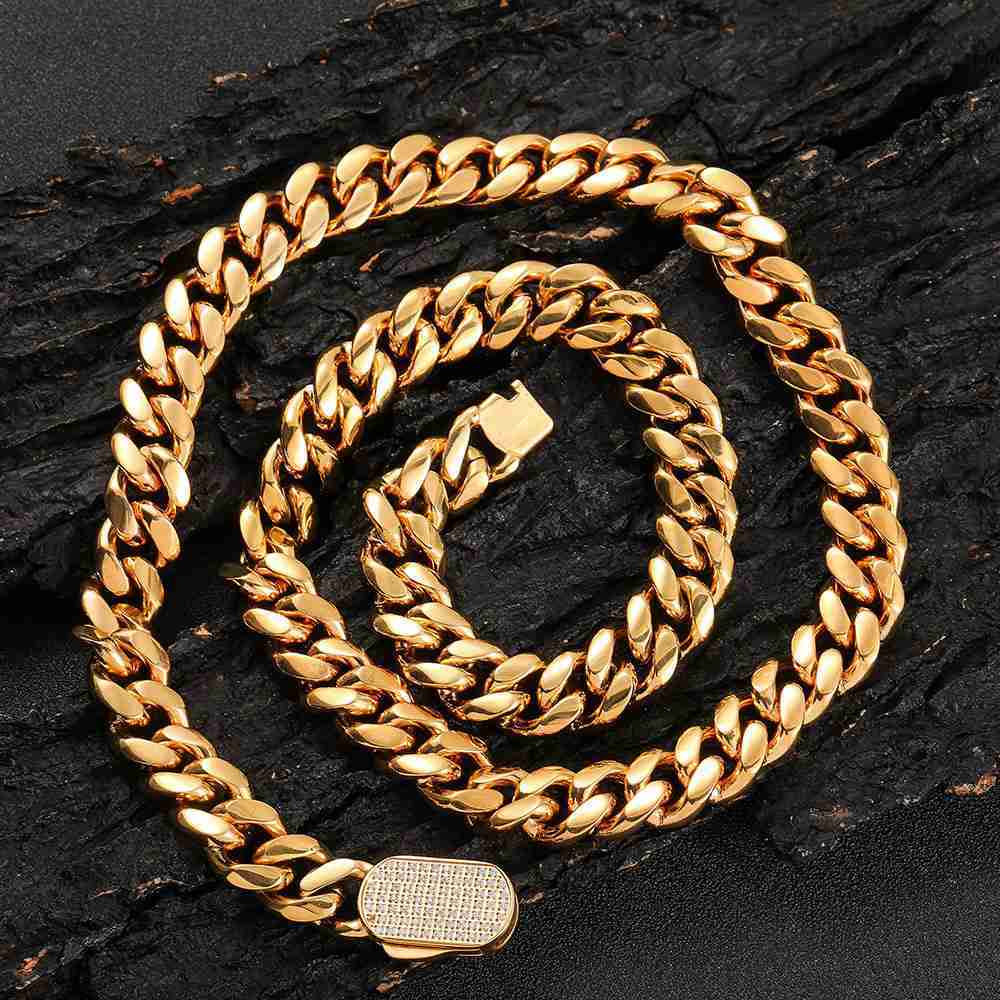 NUOYA Hip Hop Cuban Necklace for Men 18k Gold Plated Stainless Steel Chain Custom Length CNC Inlaid Diamond Clasp Miami Cuban
