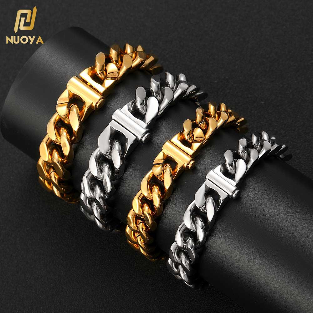 NUOYA Hip Hop Bracelet Men High Polished Stainless Steel Cuban Chain 18K Gold Plated Cuban Link Bracelet