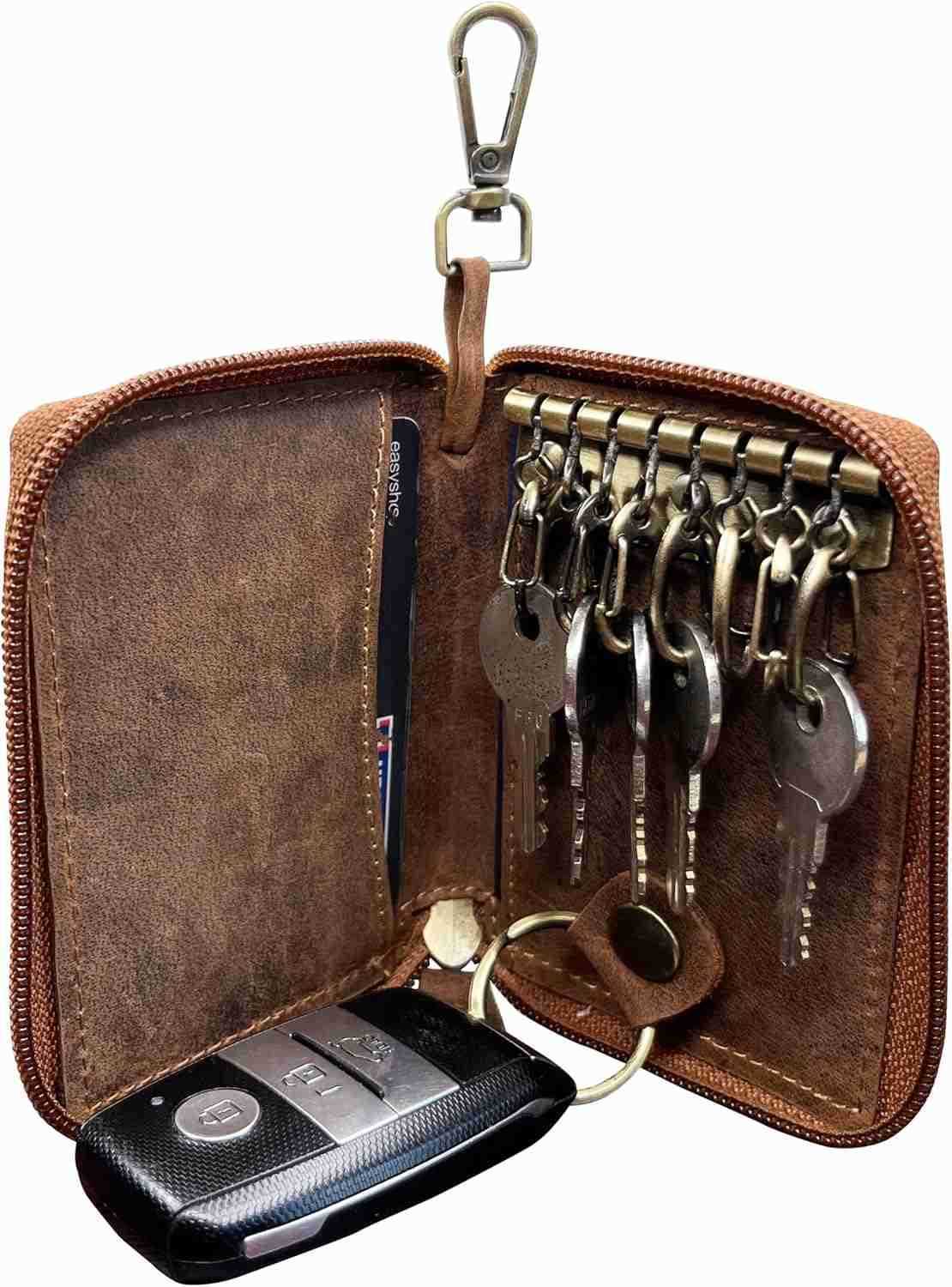 Leather Key Holder Case Zippered Key Organizer Wallet with 8 Hooks for Keys Cash Card Gift for Men Women M250904
