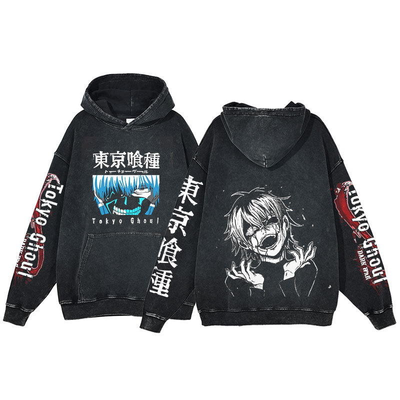 Anime Tokyo Ghoul Hoodie Ken Kaneki Print Harajuku Washed Hooded Sweatshirt Men's - VT2740