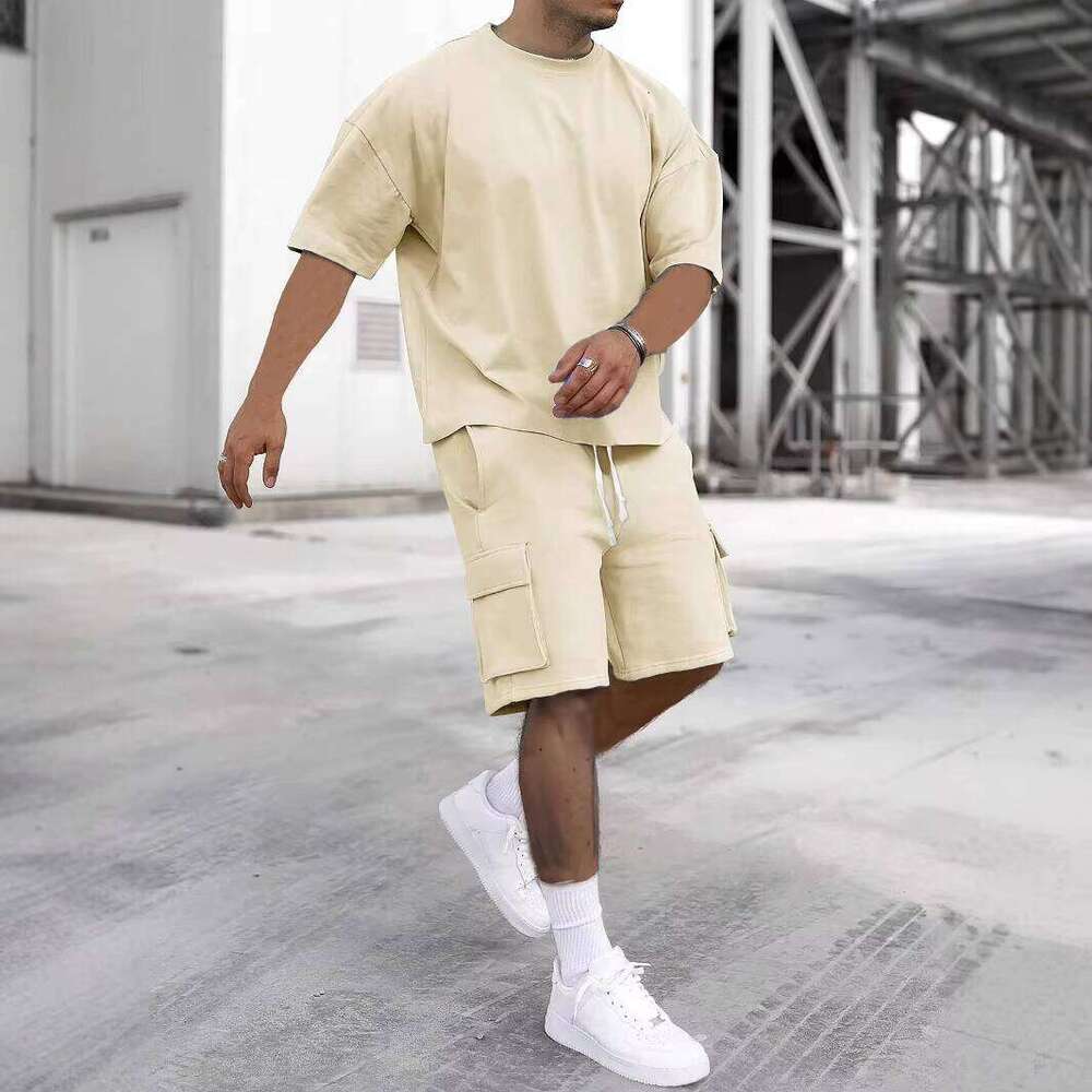 Clothing Round Neck Short Sleeve T-shirt Drawstring Pocket Shorts Set Men's Sportswear