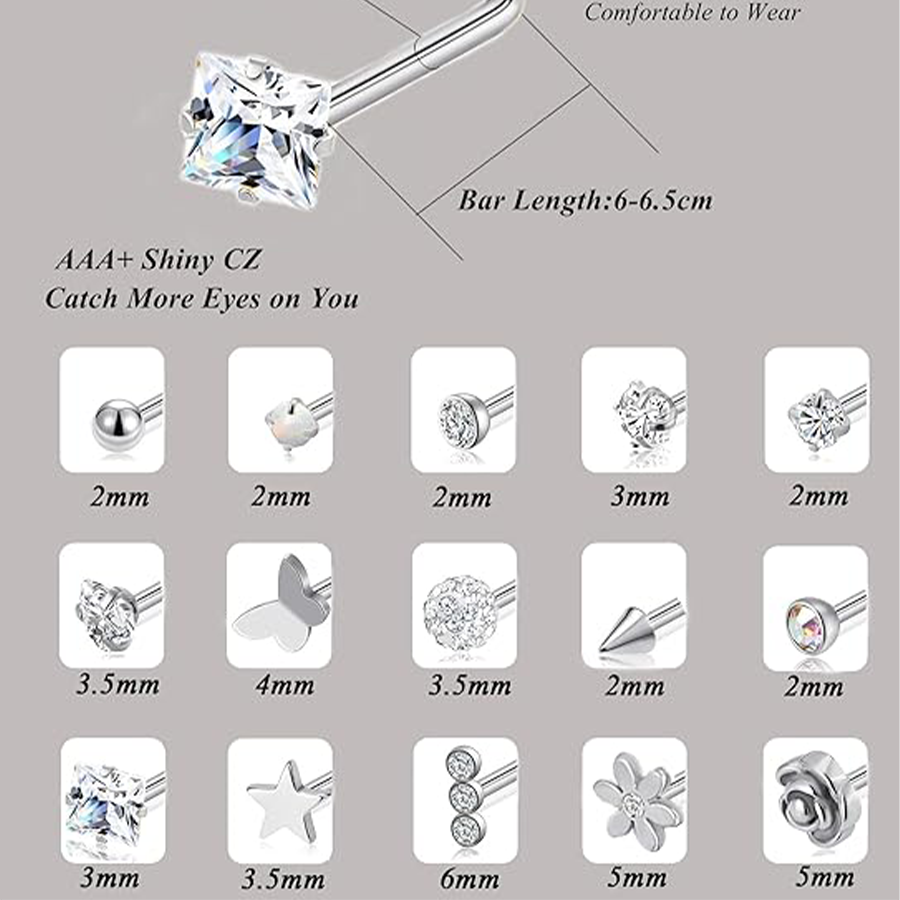 15Pcs G23 Titanium Nose Rings Stud L Shaped Star Heart CZ Flower Butterfly Ball Nose Stud Pure Titanium Nostril Piercing Jewelry for Women Men 20G Sil
