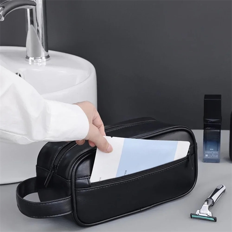 Men Leather Wash Bag Travel Cosmetic Bag Large Capacity Multi Pocket Handheld Leather Wash Bag 250903