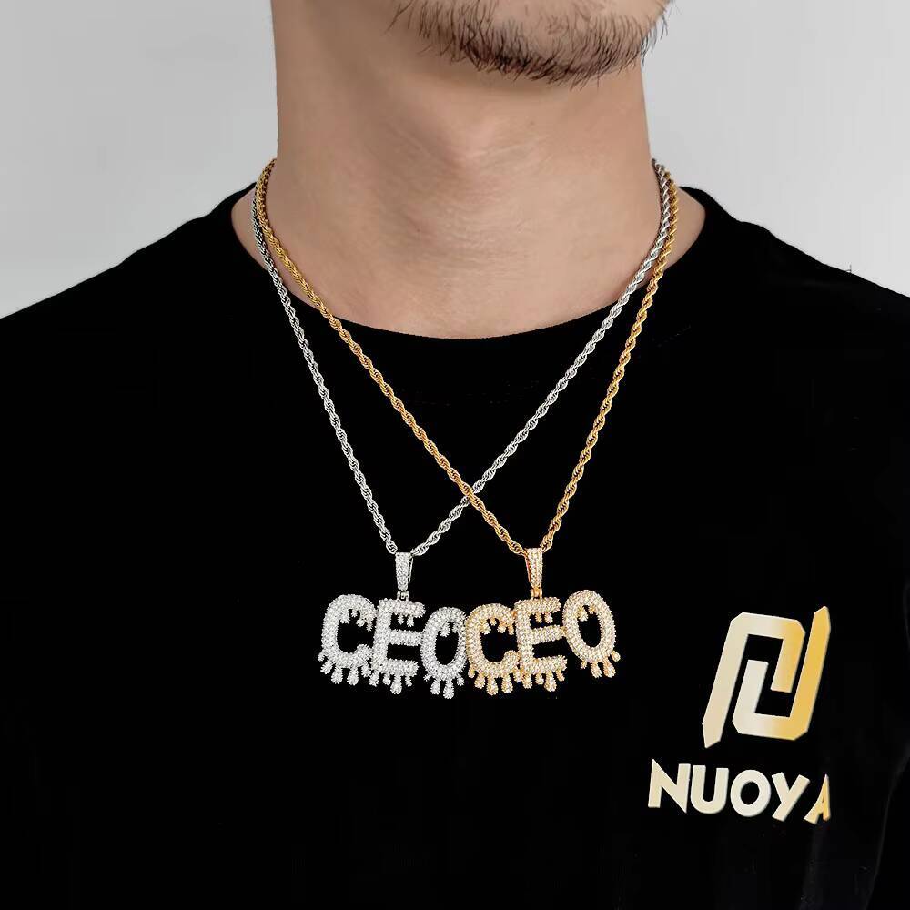 Hip Hop Custom Name Necklace Gold Plated Initial Pendant Water Drop Design Bubble Letter Jewelry Gift with Moissanite Stones Pendant Customizable