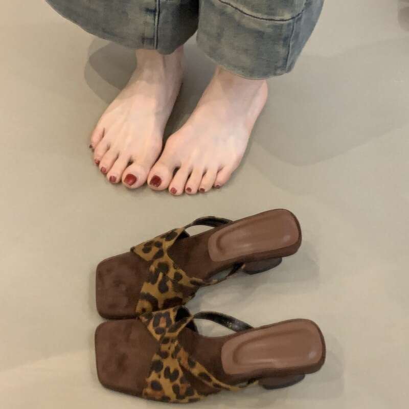 Summer 2025 French Style Leopard Print Cross Wedge High Heel One-Strap Sandals for Women Designer Shoe with Unique Design