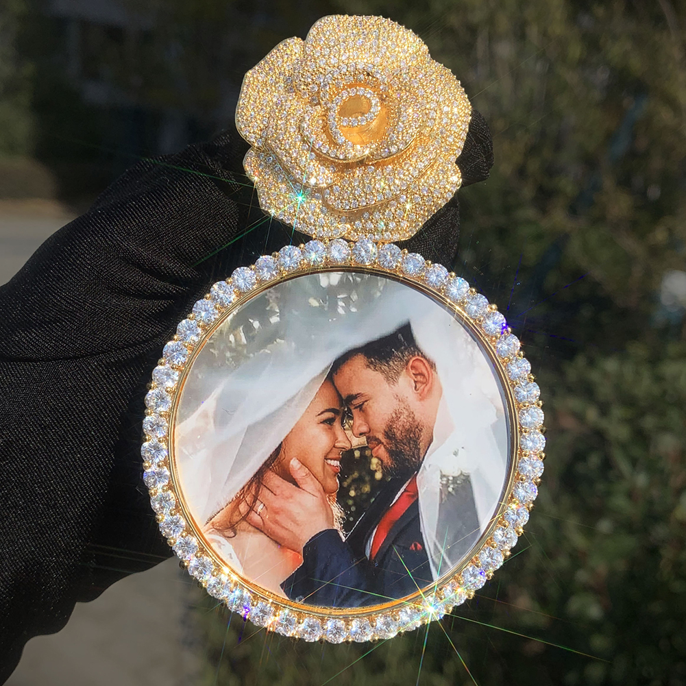 Custom Photo Pendant Necklace Rose Flower Round Memorial Frame Medal Jewelry
