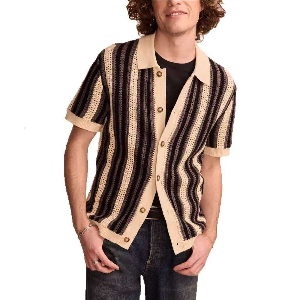 Men's Summer Casual Striped Skeleton Knit Short Sleeve Polo Shirt Comfortable Breathable Made by Viscose Fiber Manufacturer