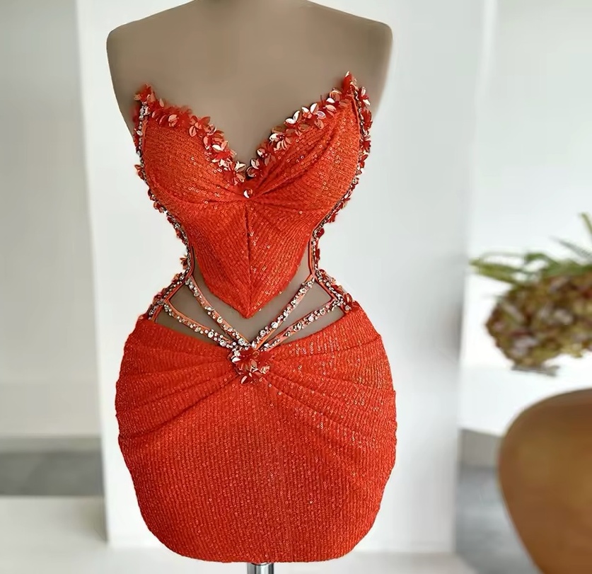 Chic Red Orange Sheath Cocktail Dress Sweetheart Sequins Crystals Short Mini Graduation Homecoming Dresses For Special Occasions Sweetheart Gowns