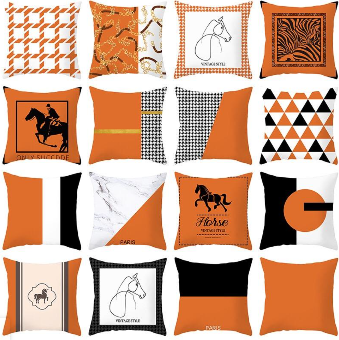 Luxury Designer Orange Color Geometric Cushion Covers Horse Pattern Modern Nordic Fashion Simple Pillow Covers Decorative Livingroom Sofa Couch