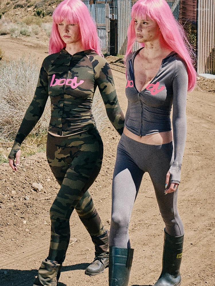 BODY Women's Two Piece Pants Weird Puss Letter Print 2 Set Women Tracksuit Hooded Jacket Leggings Matching Stretch Streetwear Casual Sporty