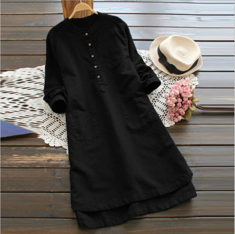 P830Large size loose slim round neck long sleeve solid color cotton and linen dress