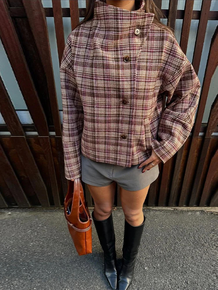 Plaid Wool Blend Stand Collar Jacket Single Breasted Long Sleeve 2025 Autumn Elegant Women Coat Vintage Preppy Lady Chic Outfit 250903