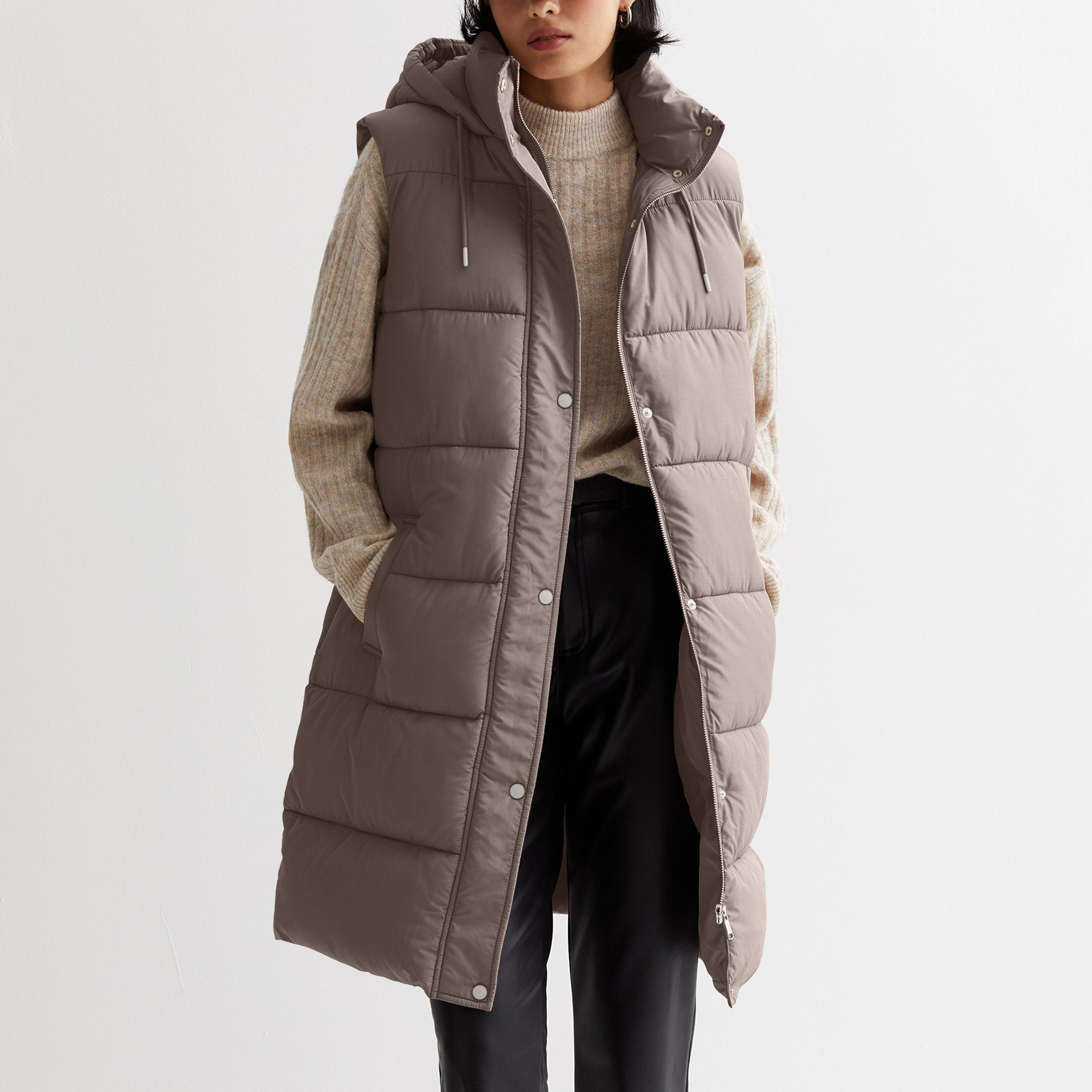 Womens Long Vest Winter Jacket Zip Up Stand Neck Sleeveless Padded Warm Tanks Outwears Ladies Solid Color Hooded Parkas