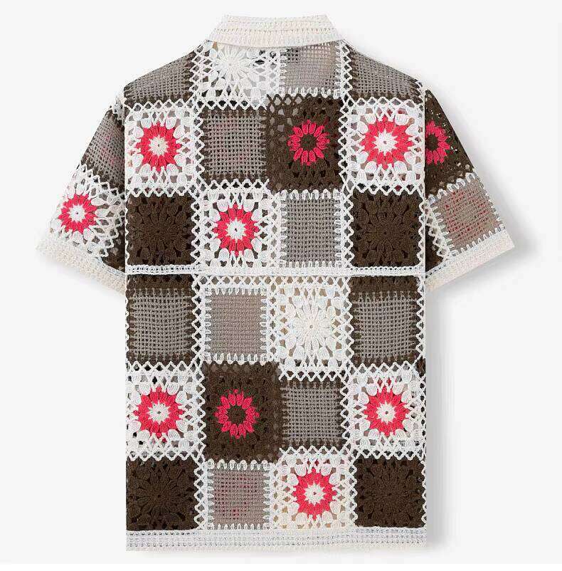 Men's High-Quality Crochet Hollow Knit Shirt Heavy Jacquard Short Sleeve Polo Breathable Function