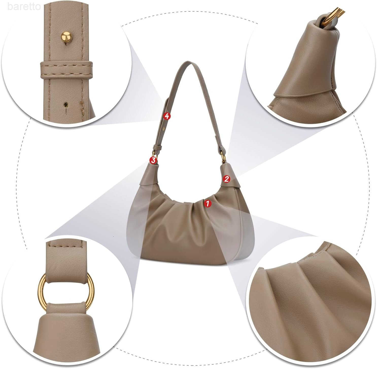 Shoulder Bag Crescent Handbag Ruched Purse Underarm Bag Mini Hobo for WomenDetachable Gold Chain Crossbody Bag M250903